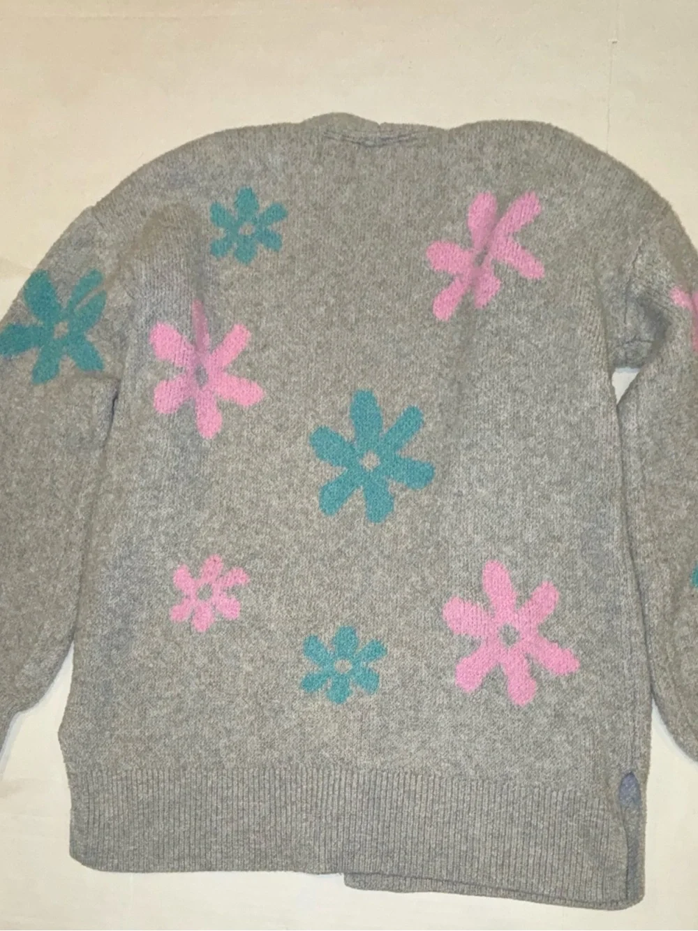 SO Gray Open-Front Floral Cardigan with Pink & Teal Flowers